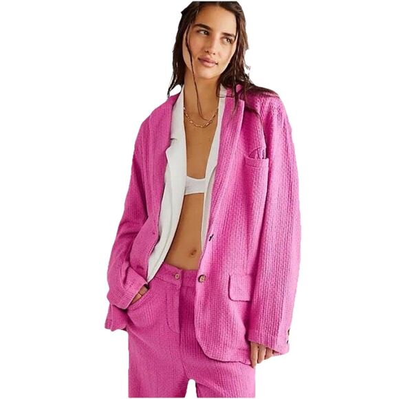 Free People Oversized Cotton Knit Textured Blazer Jacket Size M Pink Boho Career - Picture 1 of 11